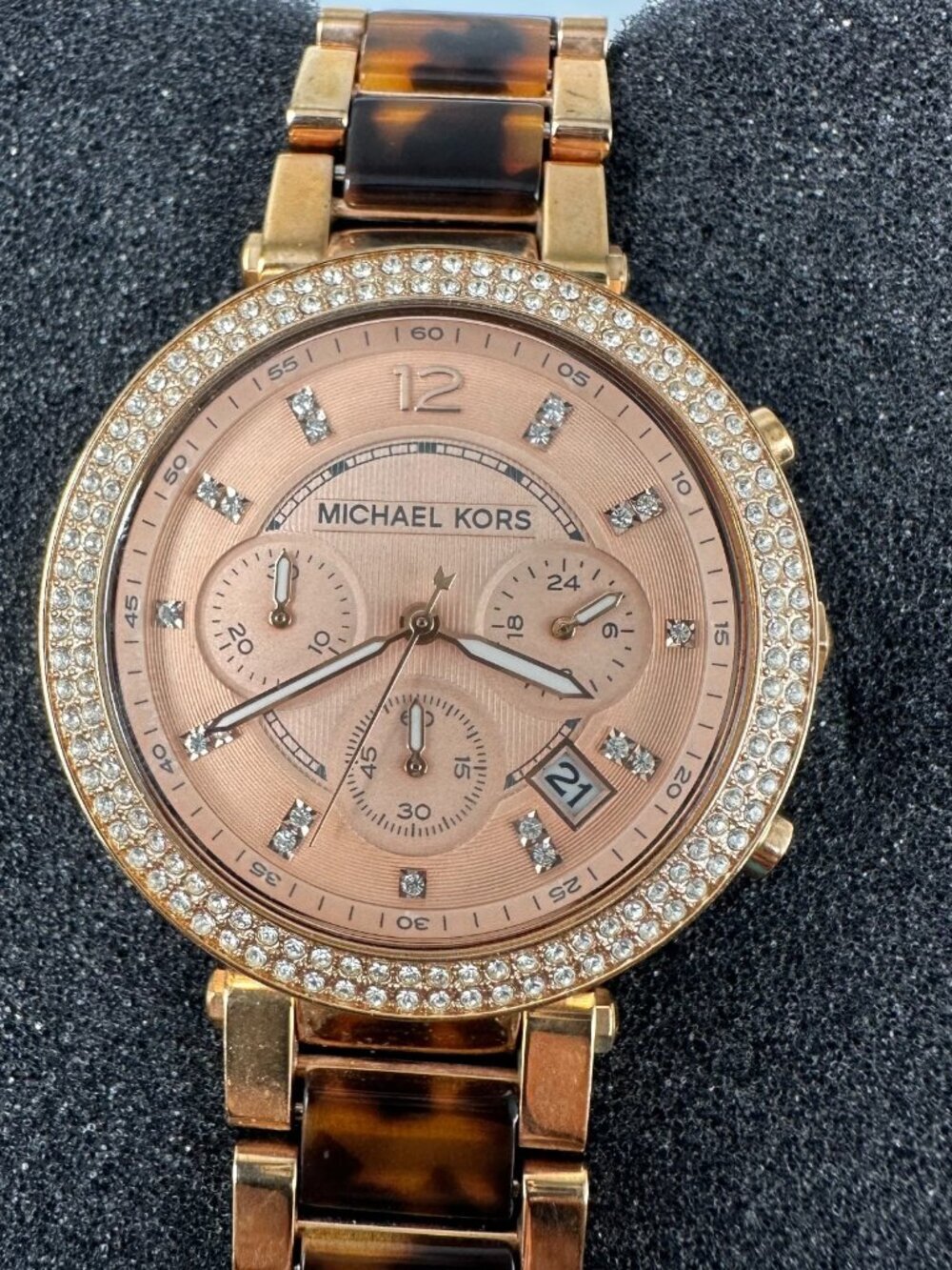 Michael Kors Parker Watch Rose Gold Faux Tortoise Chronograph New Battery 7"